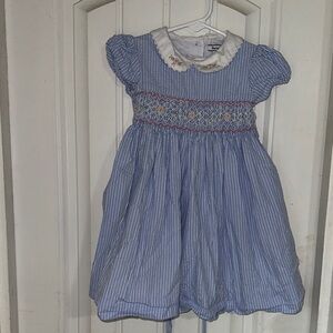 Heartstrings Light Blue Striped Smocked Dress with Embroidered Collar